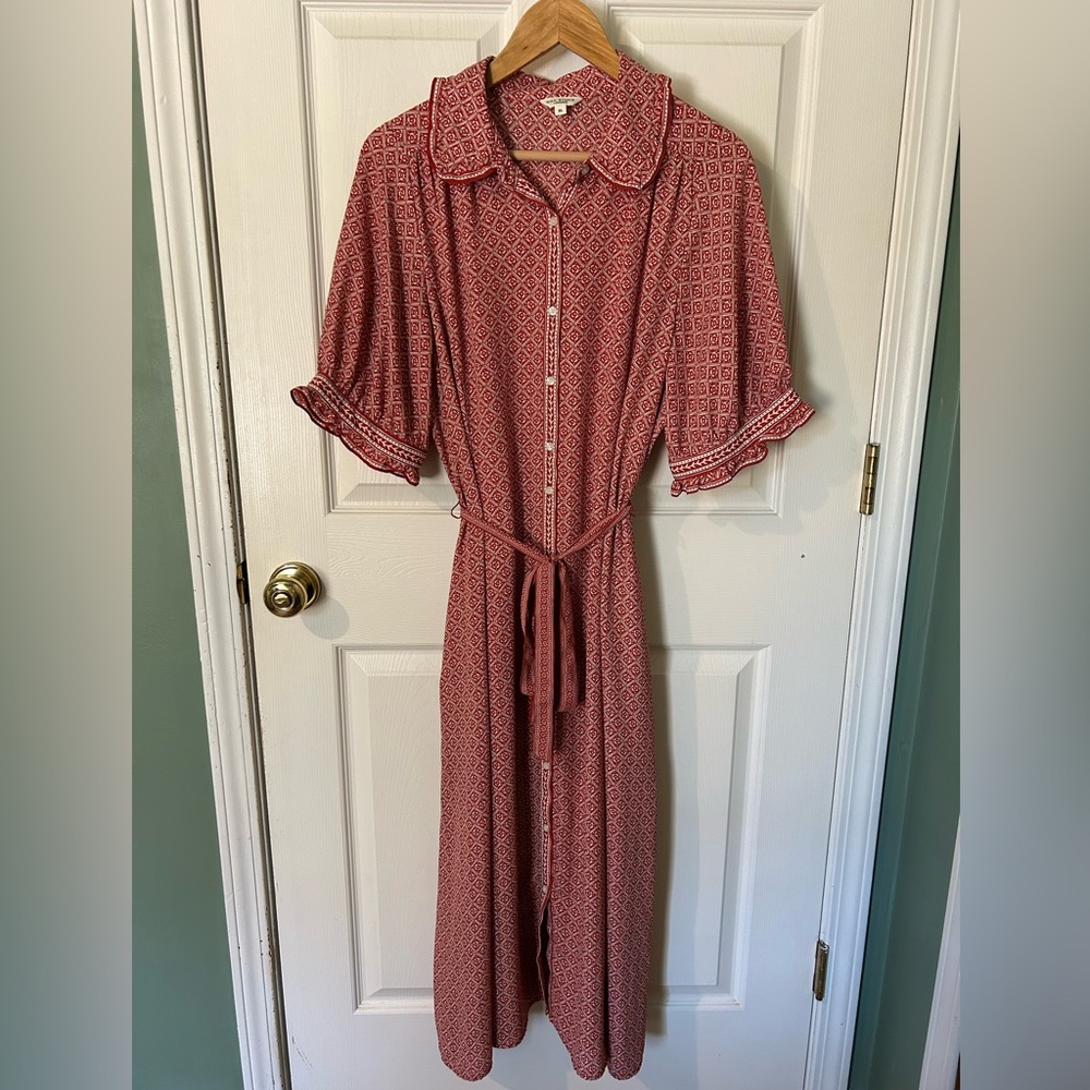 Max Studio Cottagecore Prairie Red Button-Front Midi Dress Tie Waist | Size XL